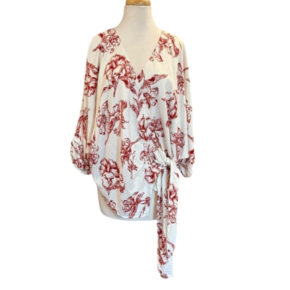 Zara Wrap Kimono Top Linen Blend Red White Toile Floral Print Puff Sleeve Large - Picture 2 of 12